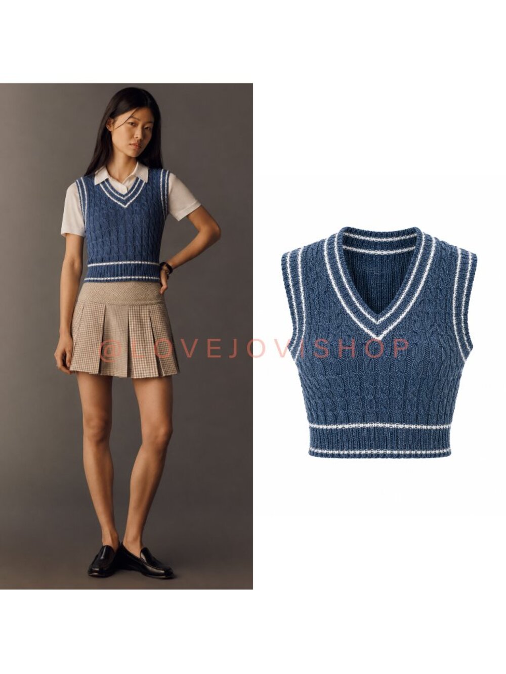 Academia | Altar'd State Cropped Sweater Vest | Blue Cable Knit Varsity Stripe M